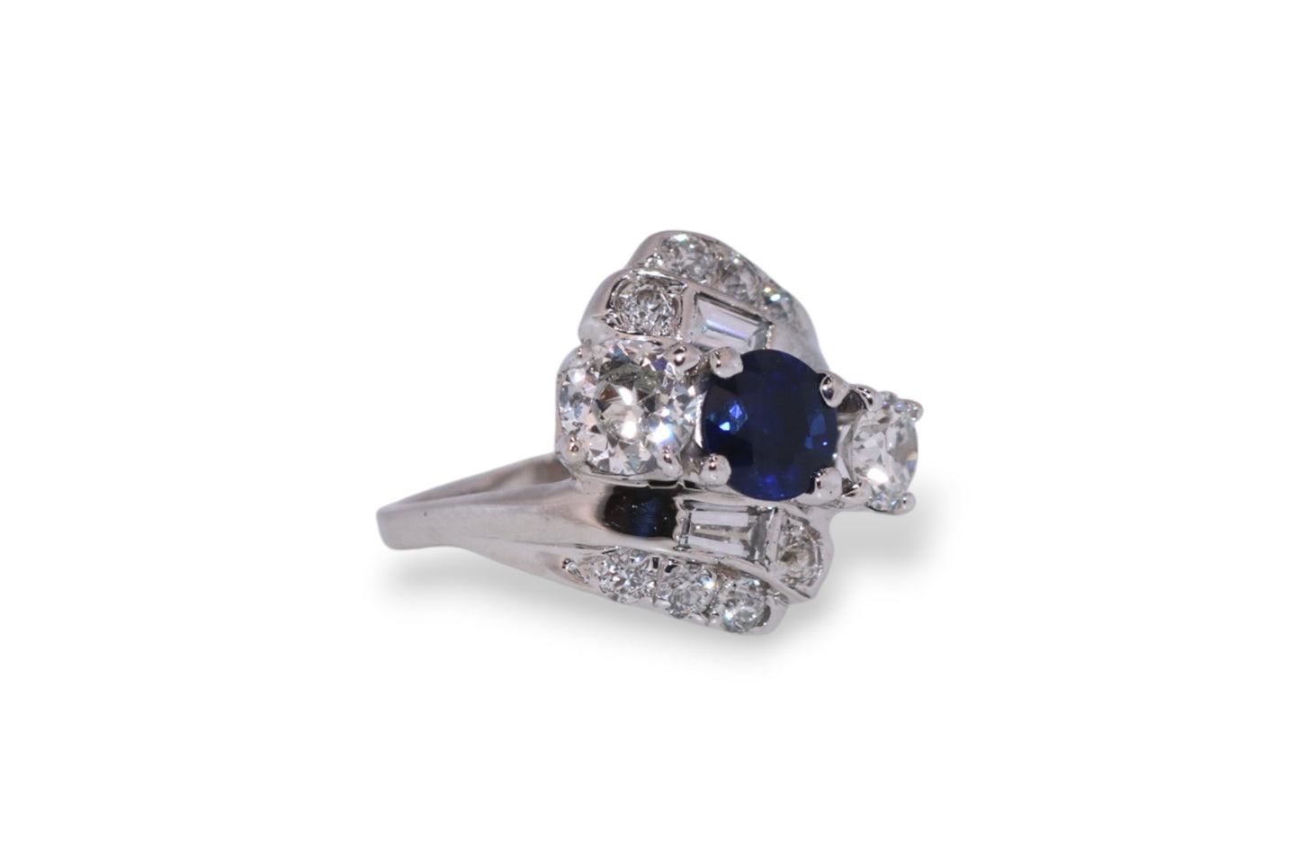14K White Gold 1.07Ct Blue Sapphire & 1.00Ct Diamond Vintage Estate Ring