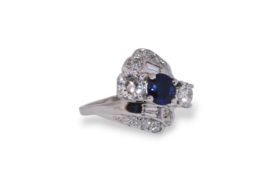 14K White Gold 1.07Ct Blue Sapphire & 1.00Ct Diamond Vintage Estate Ring