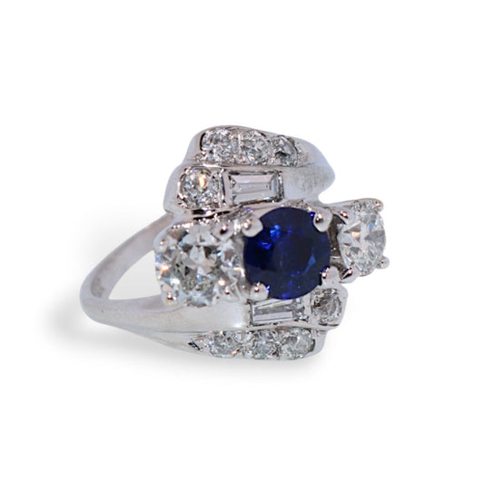 14K White Gold 1.07Ct Blue Sapphire & 1.00Ct Diamond Vintage Estate Ring