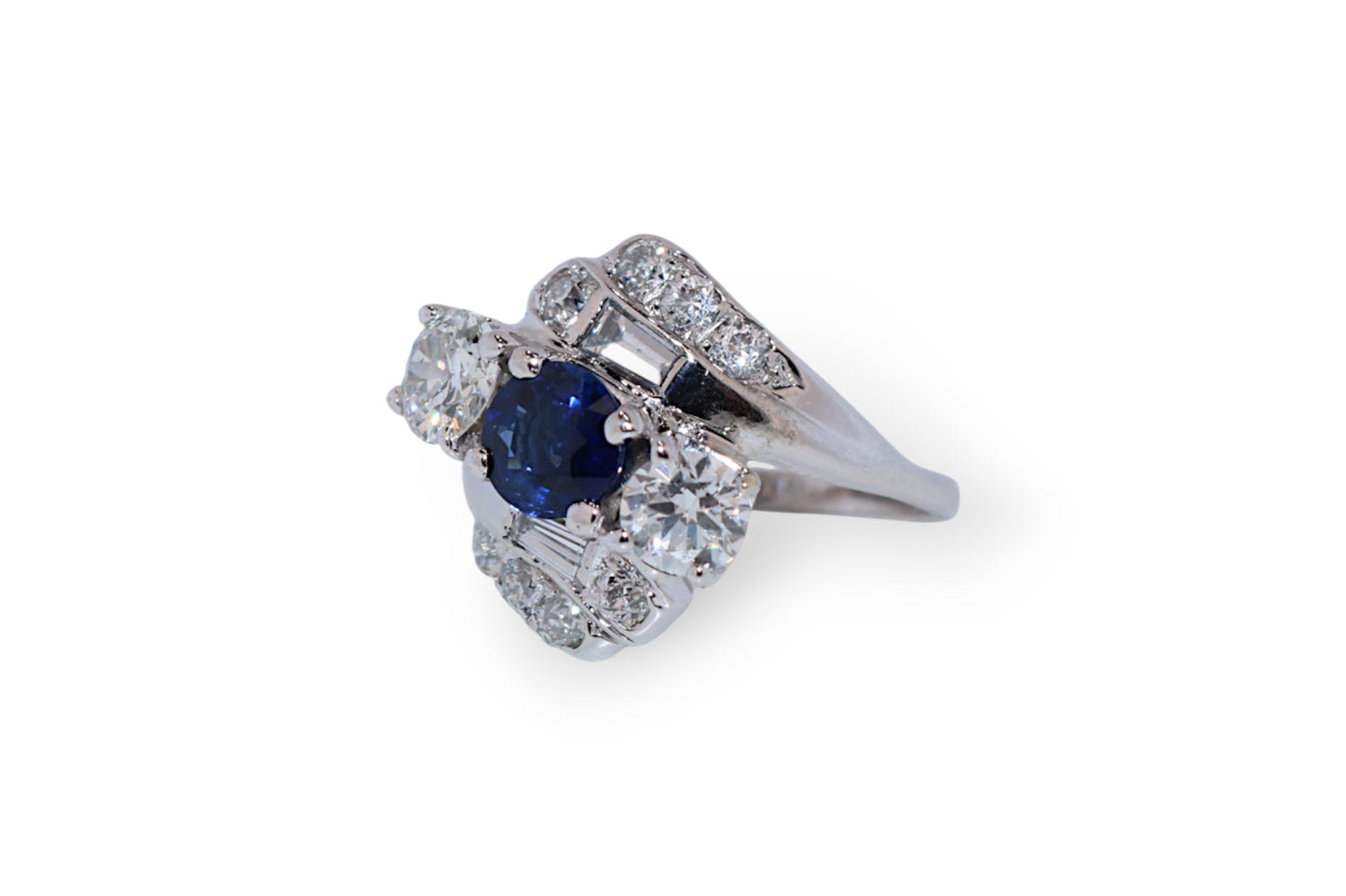 14K White Gold 1.07Ct Blue Sapphire & 1.00Ct Diamond Vintage Estate Ring