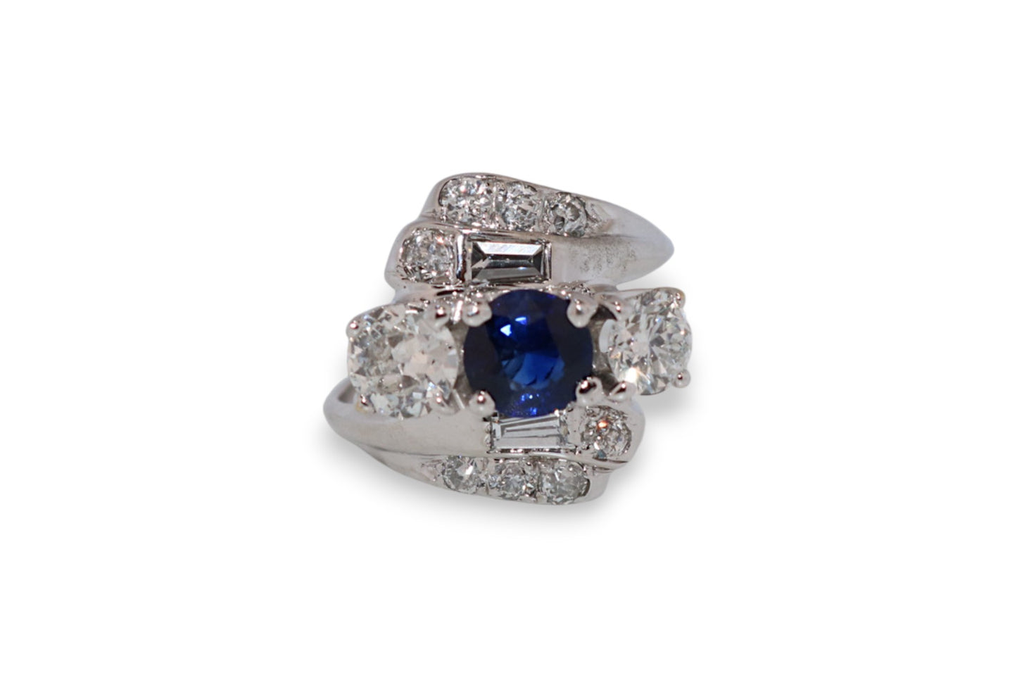 14K White Gold 1.07Ct Blue Sapphire & 1.00Ct Diamond Vintage Estate Ring