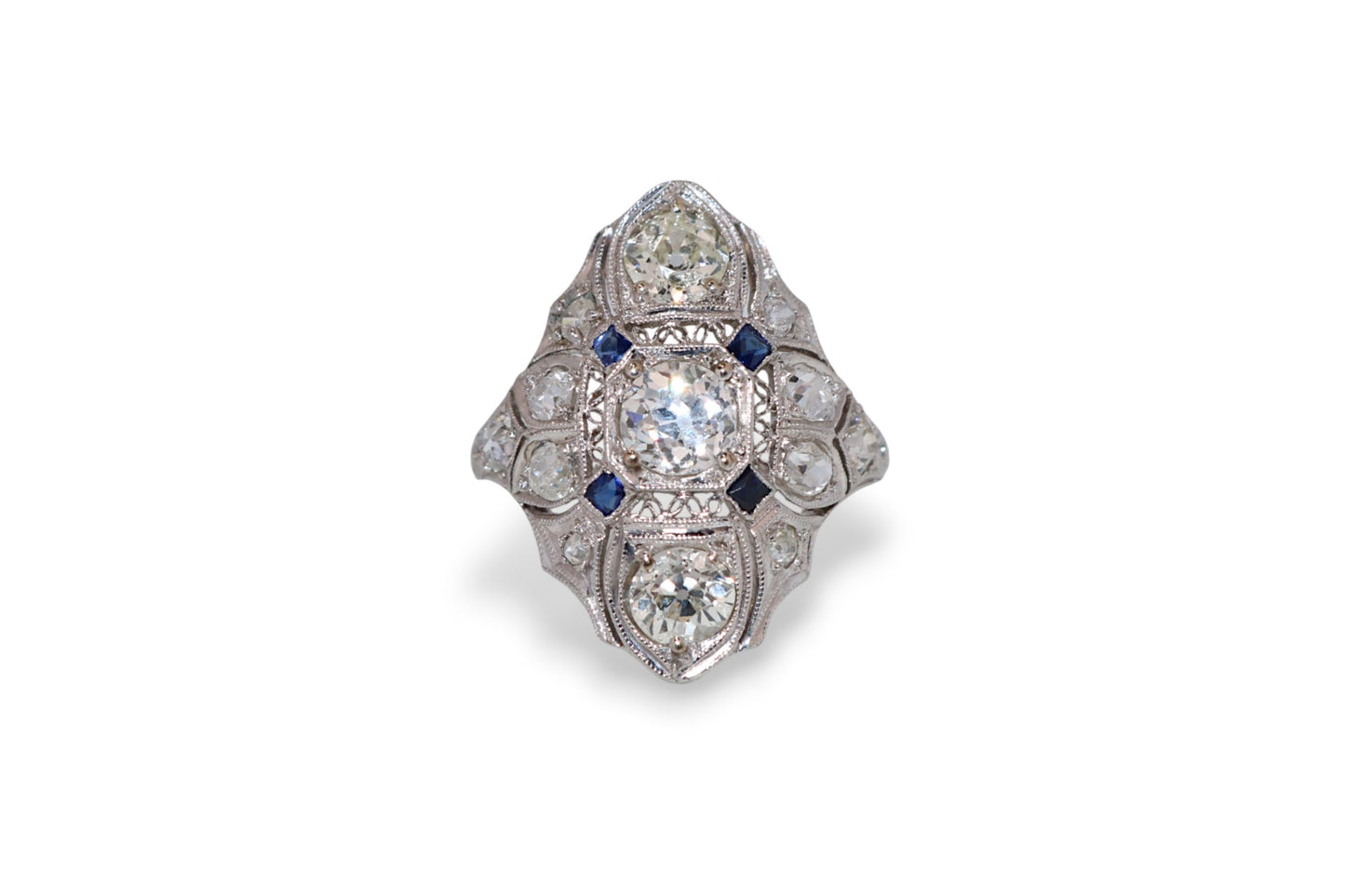 Platinum 1920’s Filigree 1.25Ct Diamond & Sapphire Vintage Estate Ring