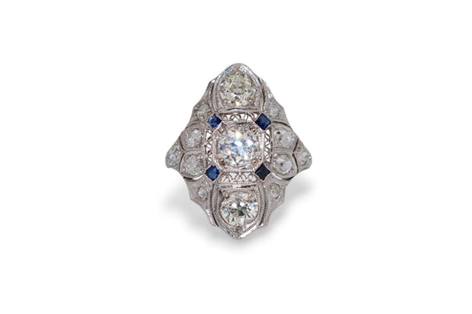Platinum 1920’s Filigree 1.25Ct Diamond & Sapphire Vintage Estate Ring
