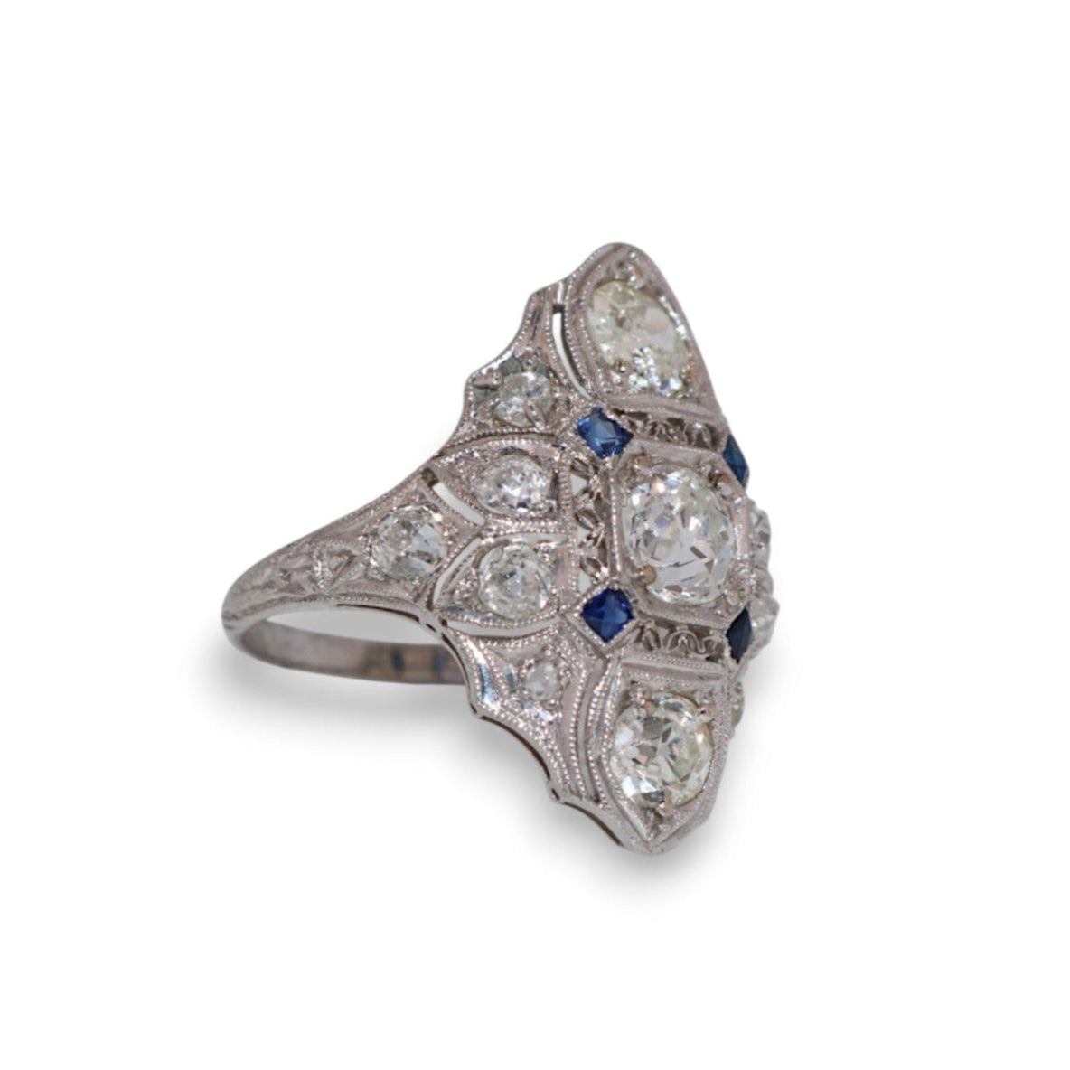 Platinum 1920’s Filigree 1.25Ct Diamond & Sapphire Vintage Estate Ring