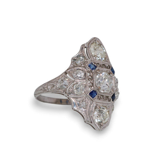 Platinum 1920’s Filigree 1.25Ct Diamond & Sapphire Vintage Estate Ring
