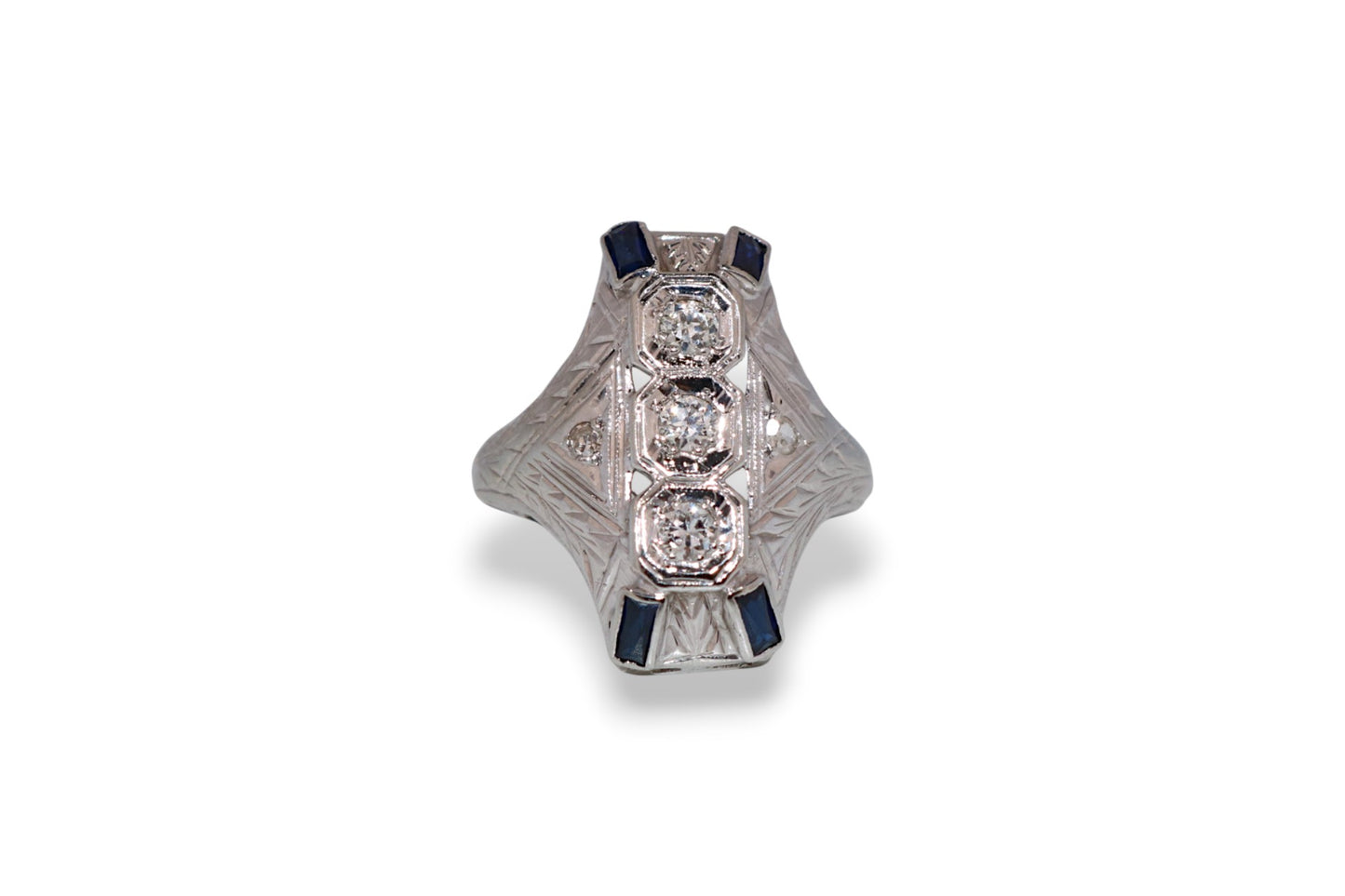 18K White Gold 1930’s Diamond & Sapphire Vintage Estate Ring