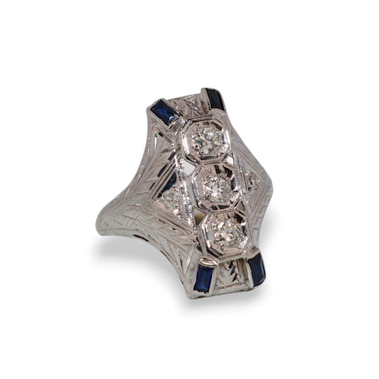 18K White Gold 1930’s Diamond & Sapphire Vintage Estate Ring