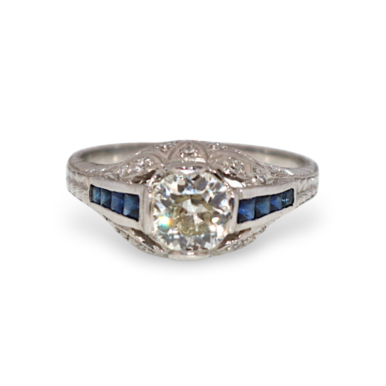 Platinum 0.83Ct Old European-Cut Diamond & Sapphire Vintage Estate Ring