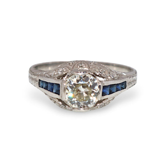 Platinum 0.83Ct Old European-Cut Diamond & Sapphire Vintage Estate Ring