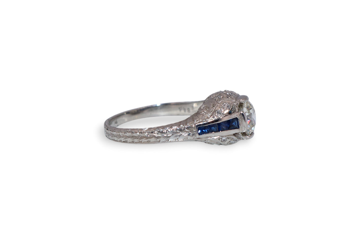 Platinum 0.83Ct Old European-Cut Diamond & Sapphire Vintage Estate Ring