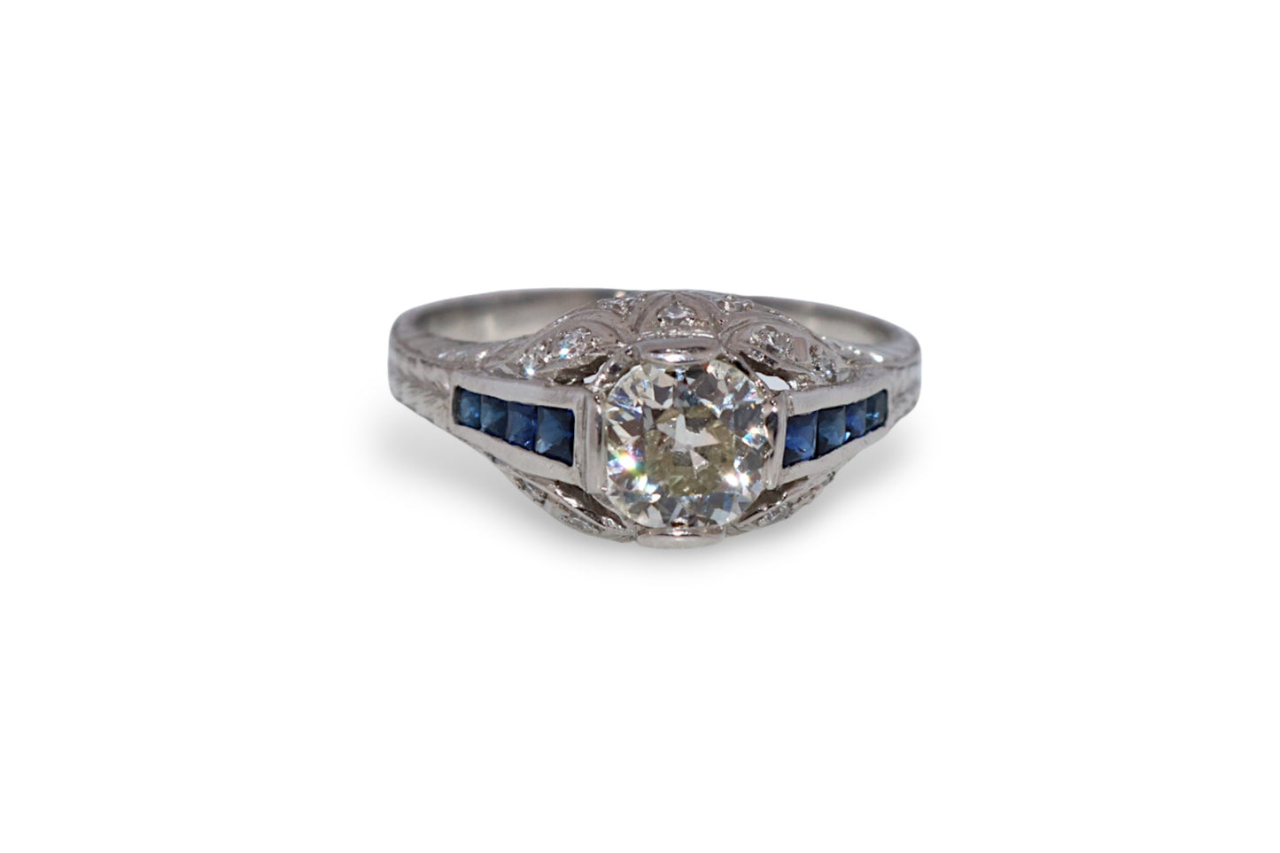 Platinum 0.83Ct Old European-Cut Diamond & Sapphire Vintage Estate Ring