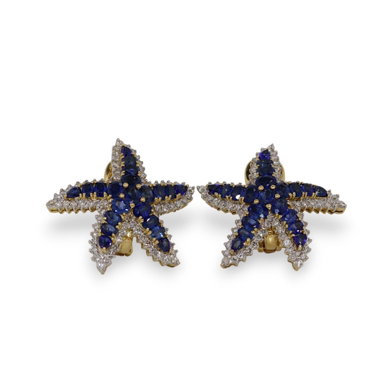 18K Yellow Gold 6.60Ctw Sapphire & 1.50Ctw Diamond Starfish Vintage Earrings (Very Fine)