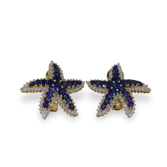 18K Yellow Gold 6.60Ctw Sapphire & 1.50Ctw Diamond Starfish Vintage Earrings (Very Fine)