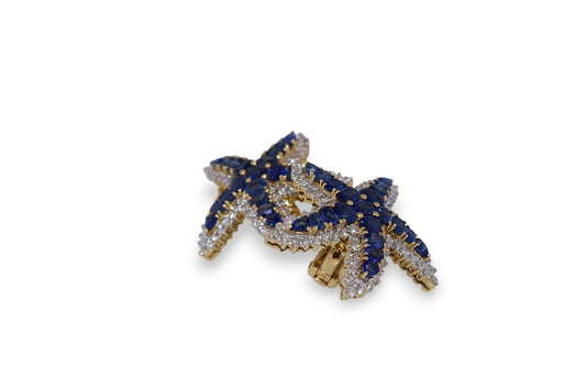 18K Yellow Gold 6.60Ctw Sapphire & 1.50Ctw Diamond Starfish Vintage Earrings (Very Fine)
