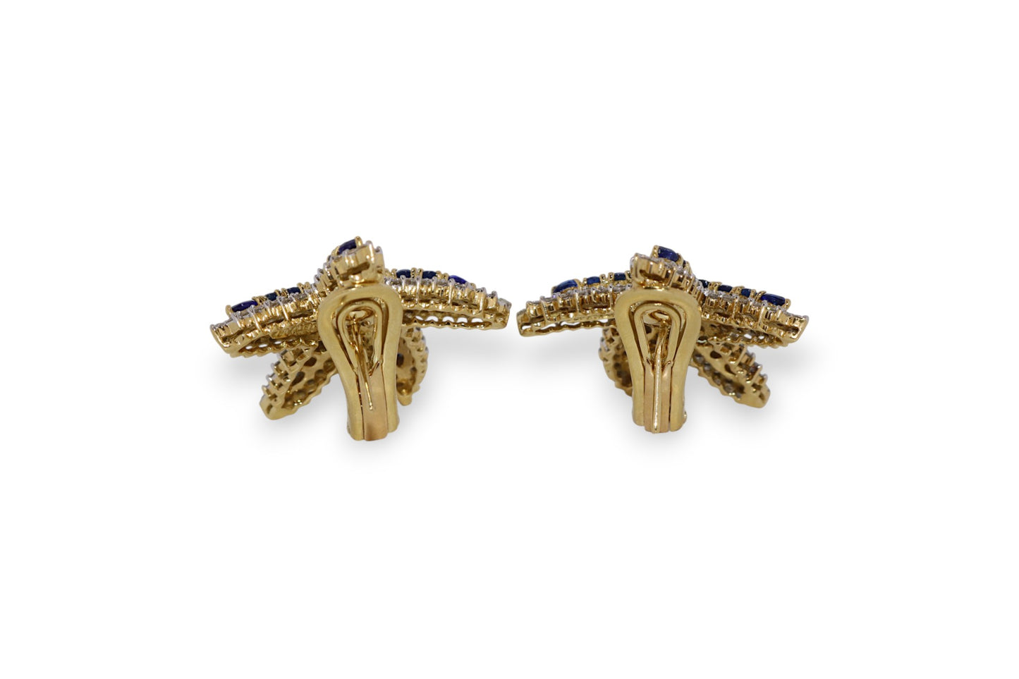 18K Yellow Gold 6.60Ctw Sapphire & 1.50Ctw Diamond Starfish Vintage Earrings (Very Fine)