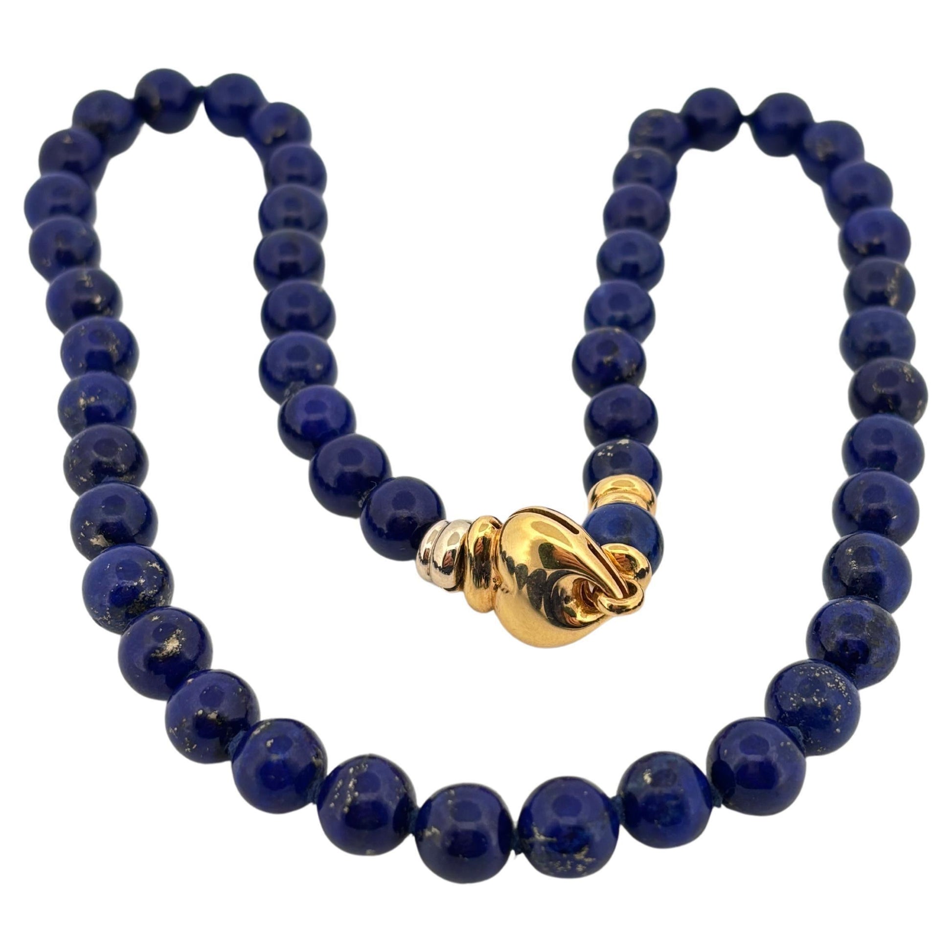 Italian Made 18K Yellow Gold Hidden Heart Clasp Natural Blue Lapis Bead Necklace