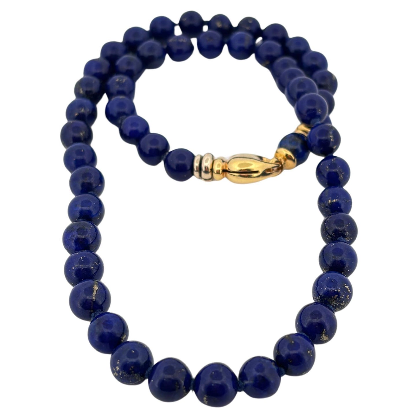 Italian Made 18K Yellow Gold Hidden Heart Clasp Natural Blue Lapis Bead Necklace