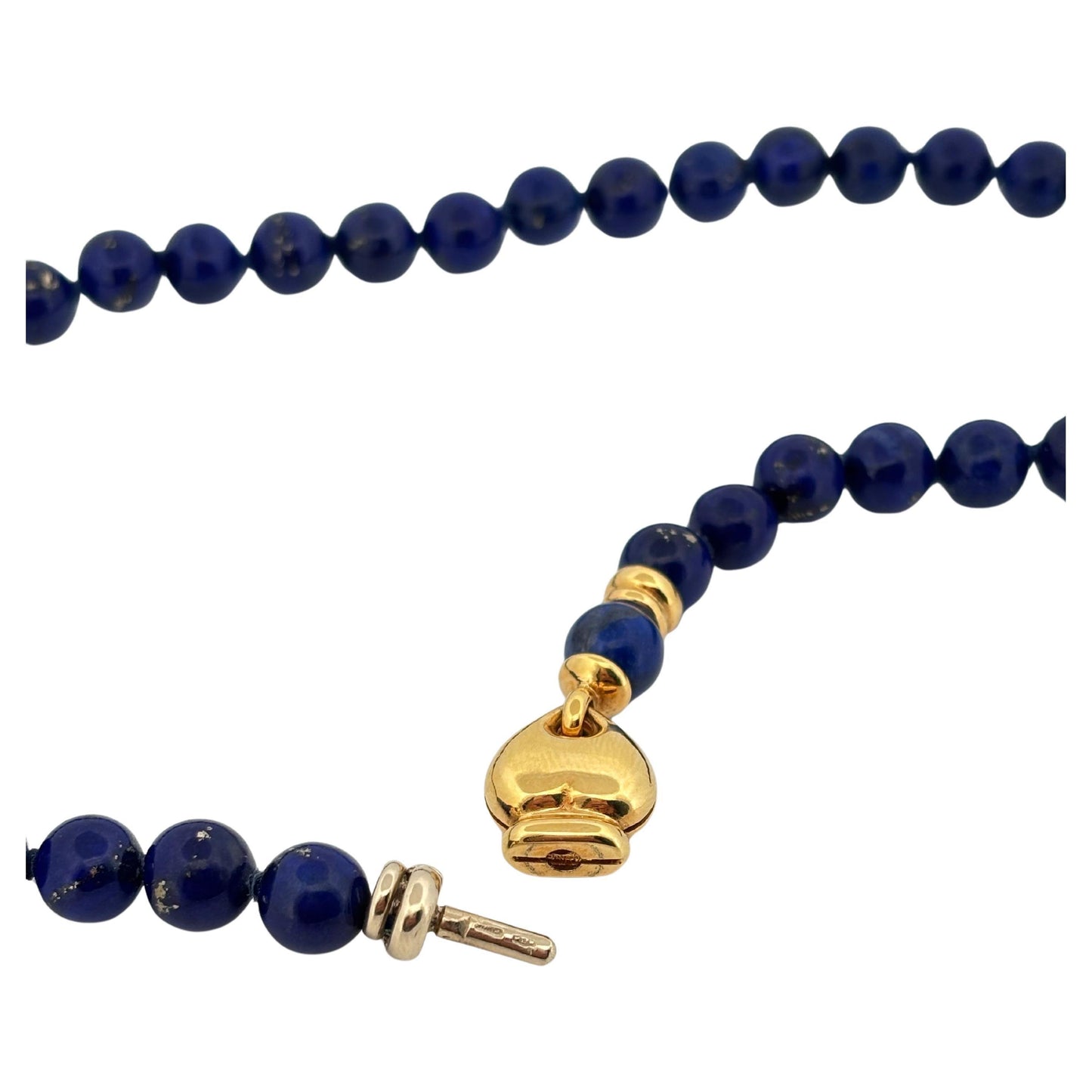 Italian Made 18K Yellow Gold Hidden Heart Clasp Natural Blue Lapis Bead Necklace