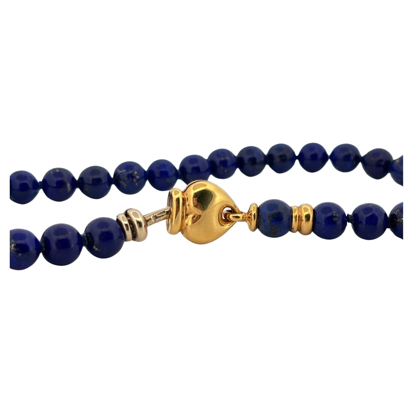 Italian Made 18K Yellow Gold Hidden Heart Clasp Natural Blue Lapis Bead Necklace