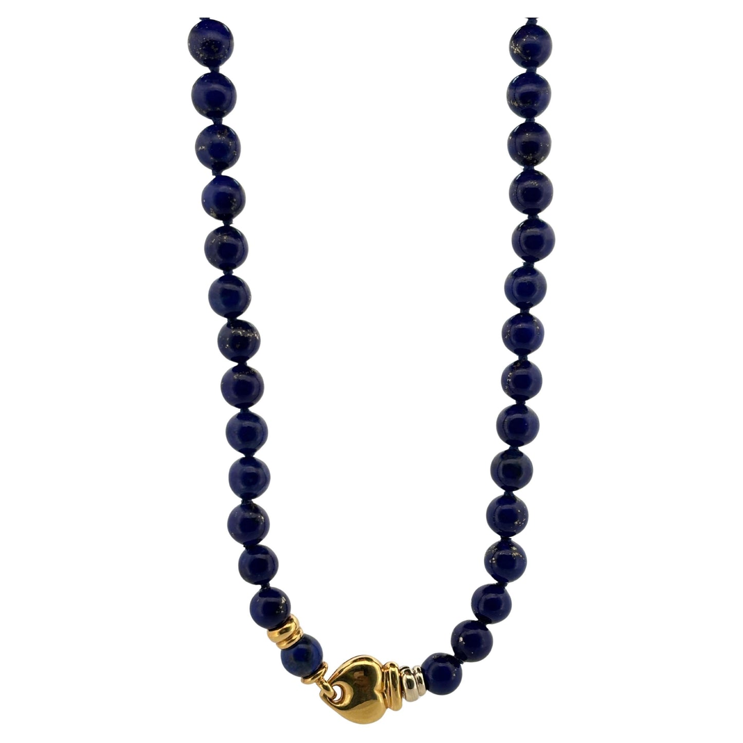 Italian Made 18K Yellow Gold Hidden Heart Clasp Natural Blue Lapis Bead Necklace