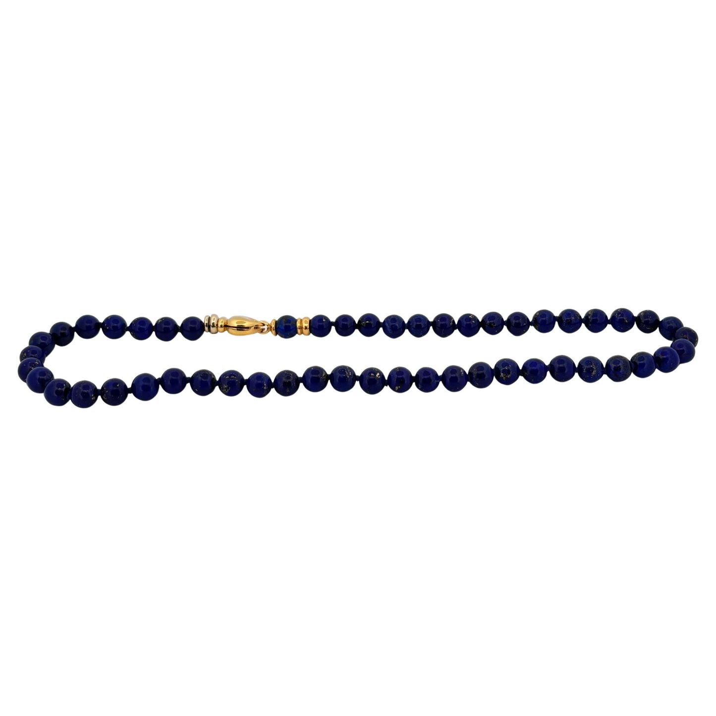 Italian Made 18K Yellow Gold Hidden Heart Clasp Natural Blue Lapis Bead Necklace