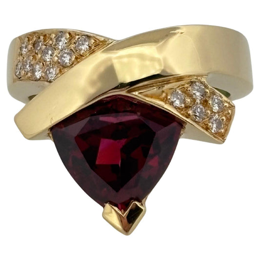 John Atencio 18K Yellow Gold 3.40ctw Trillion Garnet 0.22ctw Diamond Ring