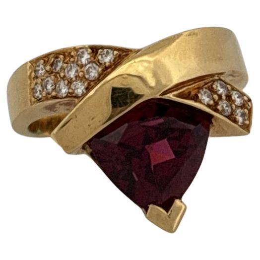 John Atencio 18K Yellow Gold 3.40ctw Trillion Garnet 0.22ctw Diamond Ring