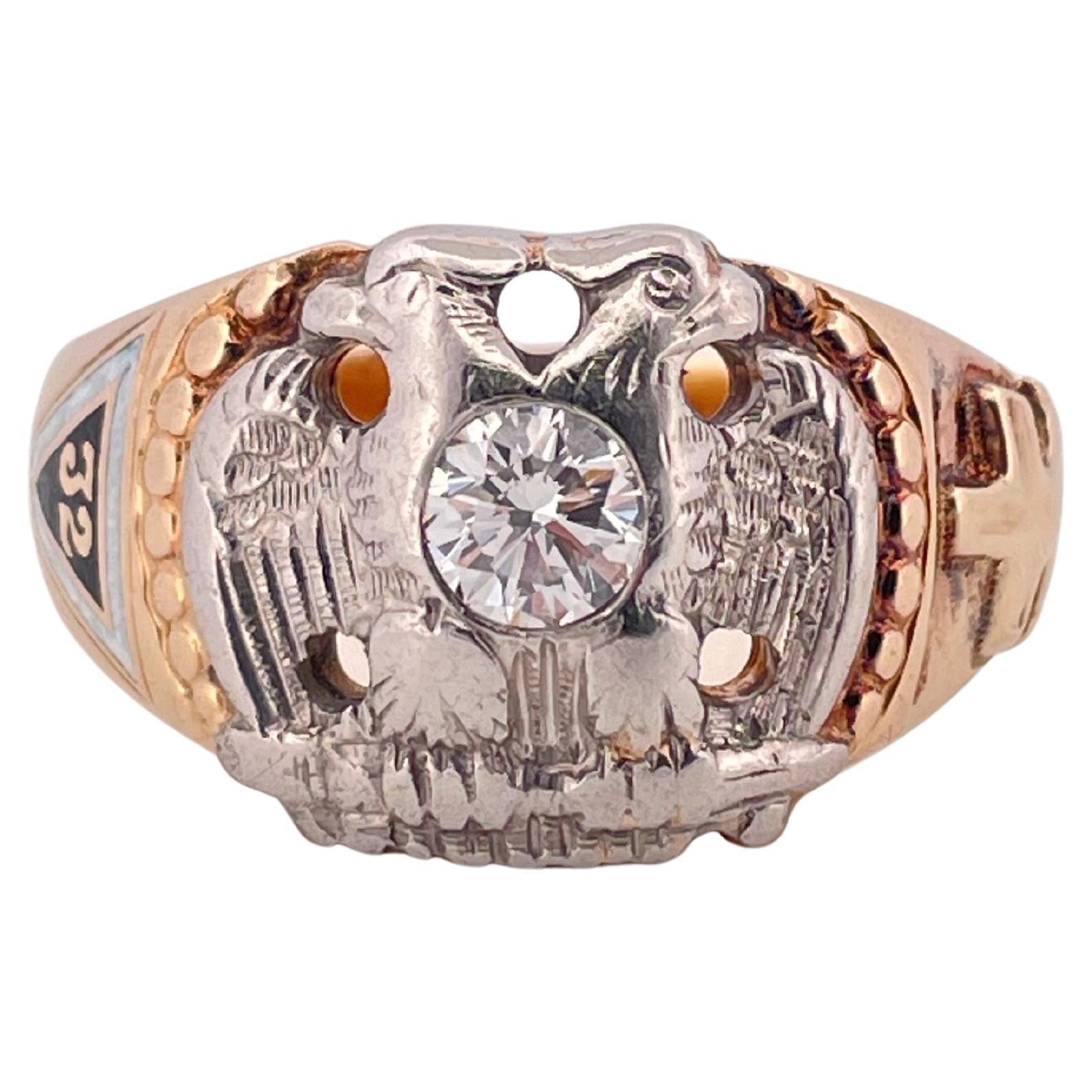 Masonic Double Eagle 0.38ctw Diamond Ring Set In 14K Gold & Platinum Face