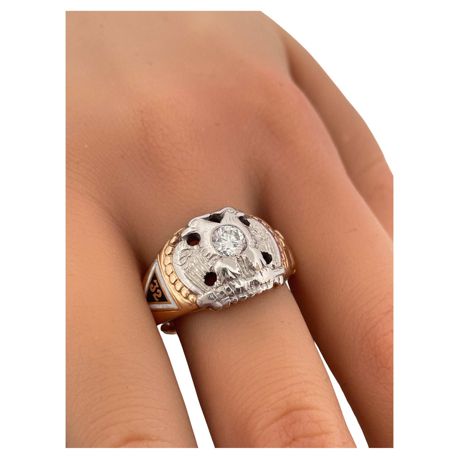 Masonic Double Eagle 0.38ctw Diamond Ring Set In 14K Gold & Platinum Face