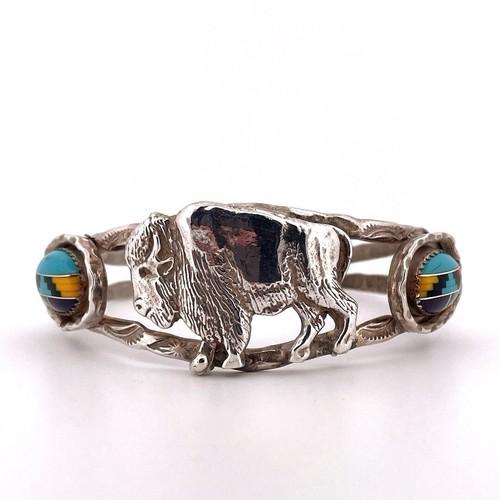 Native American MAC Signed Sterling Silver 925 Multi Stone Inlay Buffalo Cuff