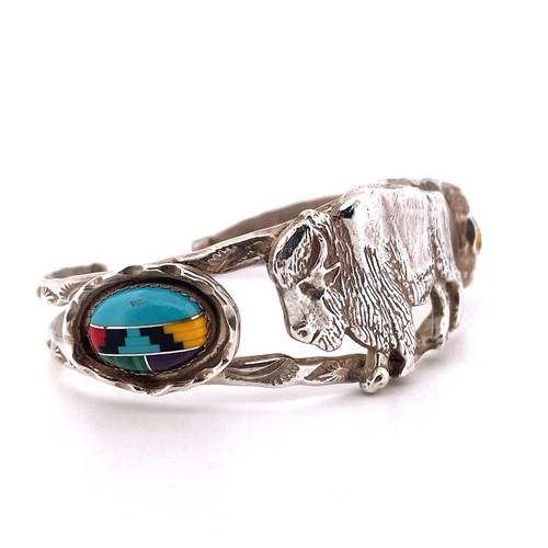 Native American MAC Signed Sterling Silver 925 Multi Stone Inlay Buffalo Cuff