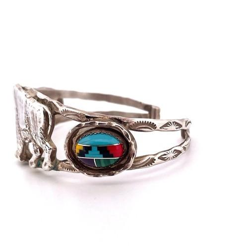 Native American MAC Signed Sterling Silver 925 Multi Stone Inlay Buffalo Cuff