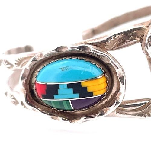 Native American MAC Signed Sterling Silver 925 Multi Stone Inlay Buffalo Cuff