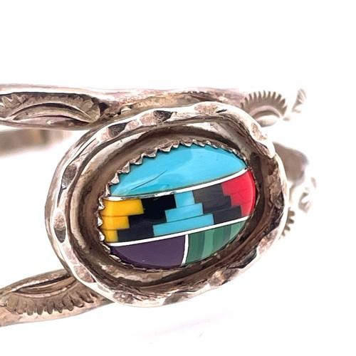 Native American MAC Signed Sterling Silver 925 Multi Stone Inlay Buffalo Cuff