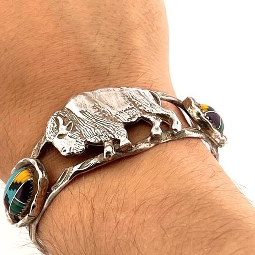 Native American MAC Signed Sterling Silver 925 Multi Stone Inlay Buffalo Cuff