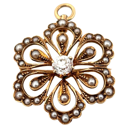 Old European Cut 0.40ctw Round Diamond 14K Yellow Gold Seed Pearl Pendant