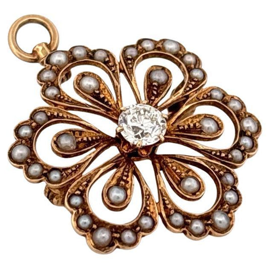 Old European Cut 0.40ctw Round Diamond 14K Yellow Gold Seed Pearl Pendant