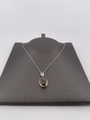 Platinum 0.14ct Diamond & Cats Eye Pendant/ 18” Chain