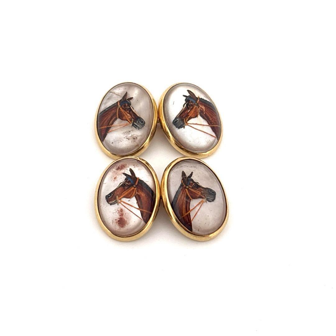 Reversed Quartz Crystal 14K Yellow Gold Painted Horse Cufflinks