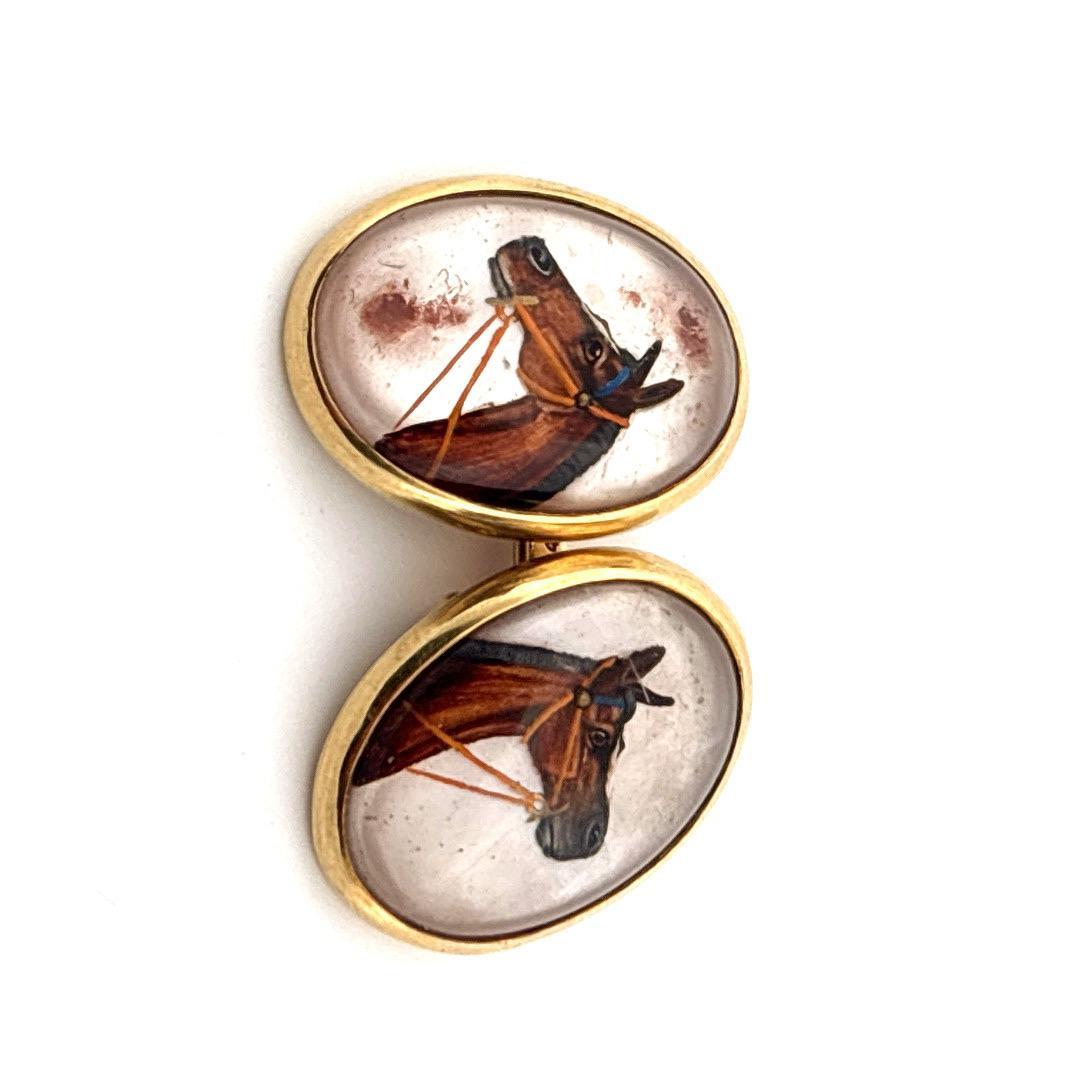 Reversed Quartz Crystal 14K Yellow Gold Painted Horse Cufflinks