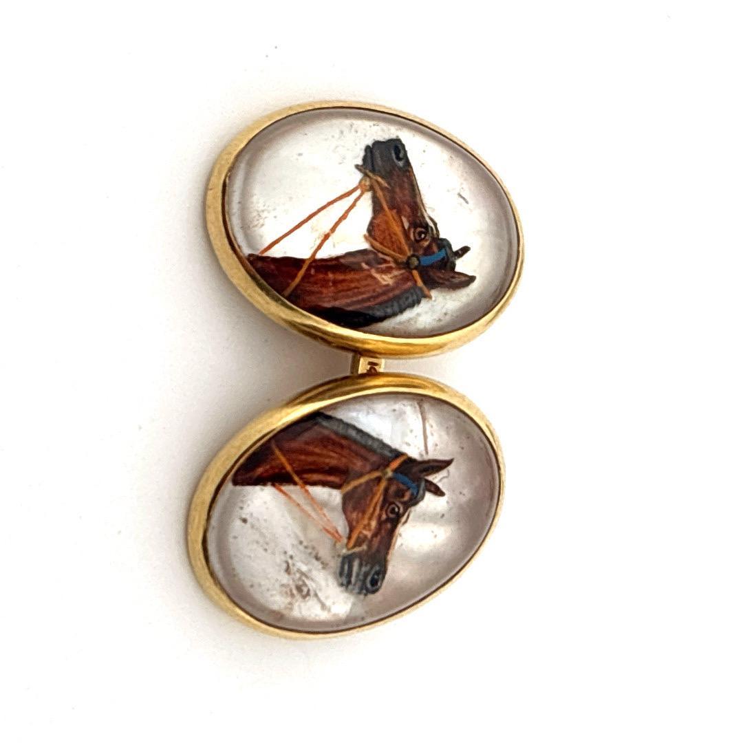 Reversed Quartz Crystal 14K Yellow Gold Painted Horse Cufflinks