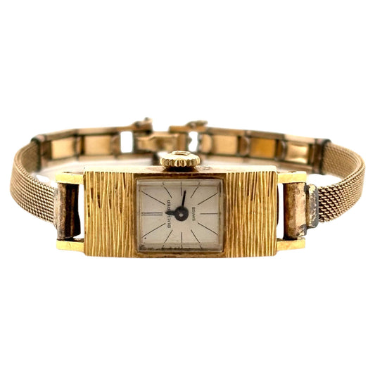 Small Rectangular 18K Yellow Gold Ladies Bucherer Automatic Swiss Watch