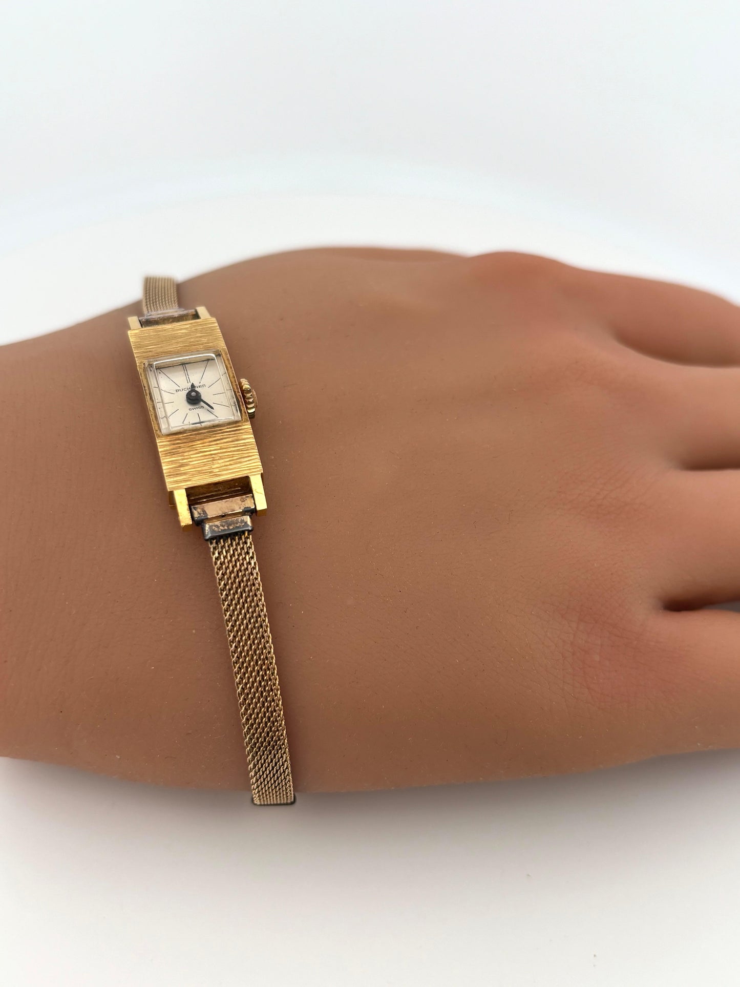 Small Rectangular 18K Yellow Gold Ladies Bucherer Automatic Swiss Watch