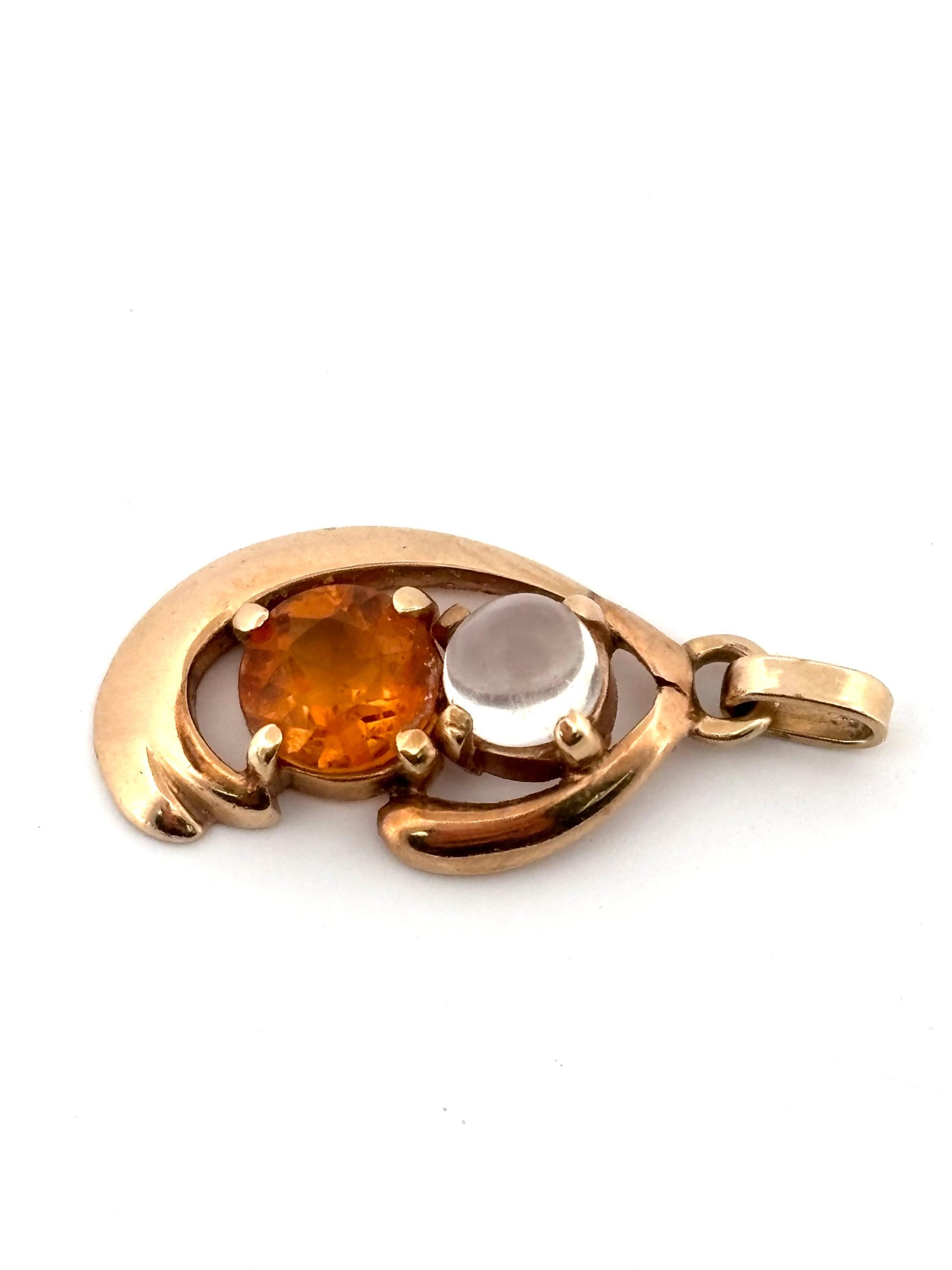 Small Round Cut Citrine & Moonstone Swirled 14K Yellow Gold Necklace Pendant