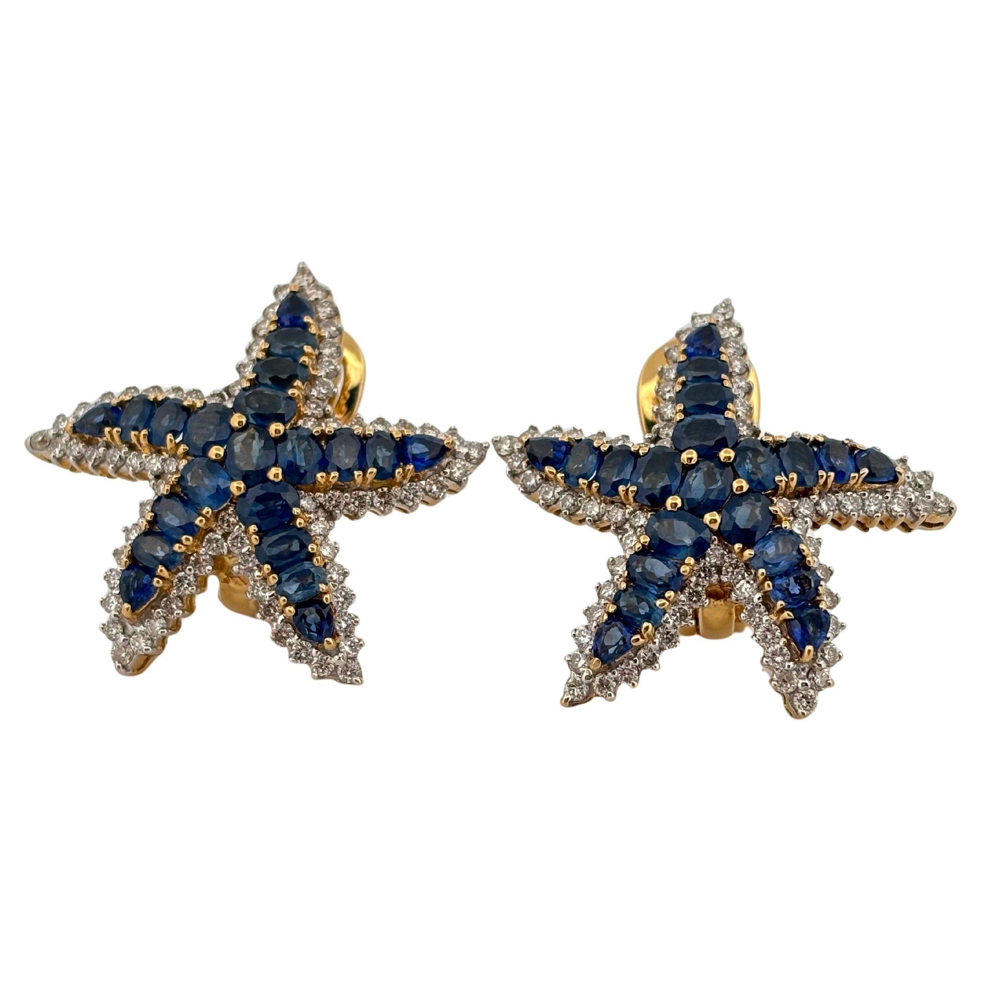 Starfish 18K Yellow Gold 6.60 Carat Sapphire 1.50 Carat Diamond Clip On Earrings