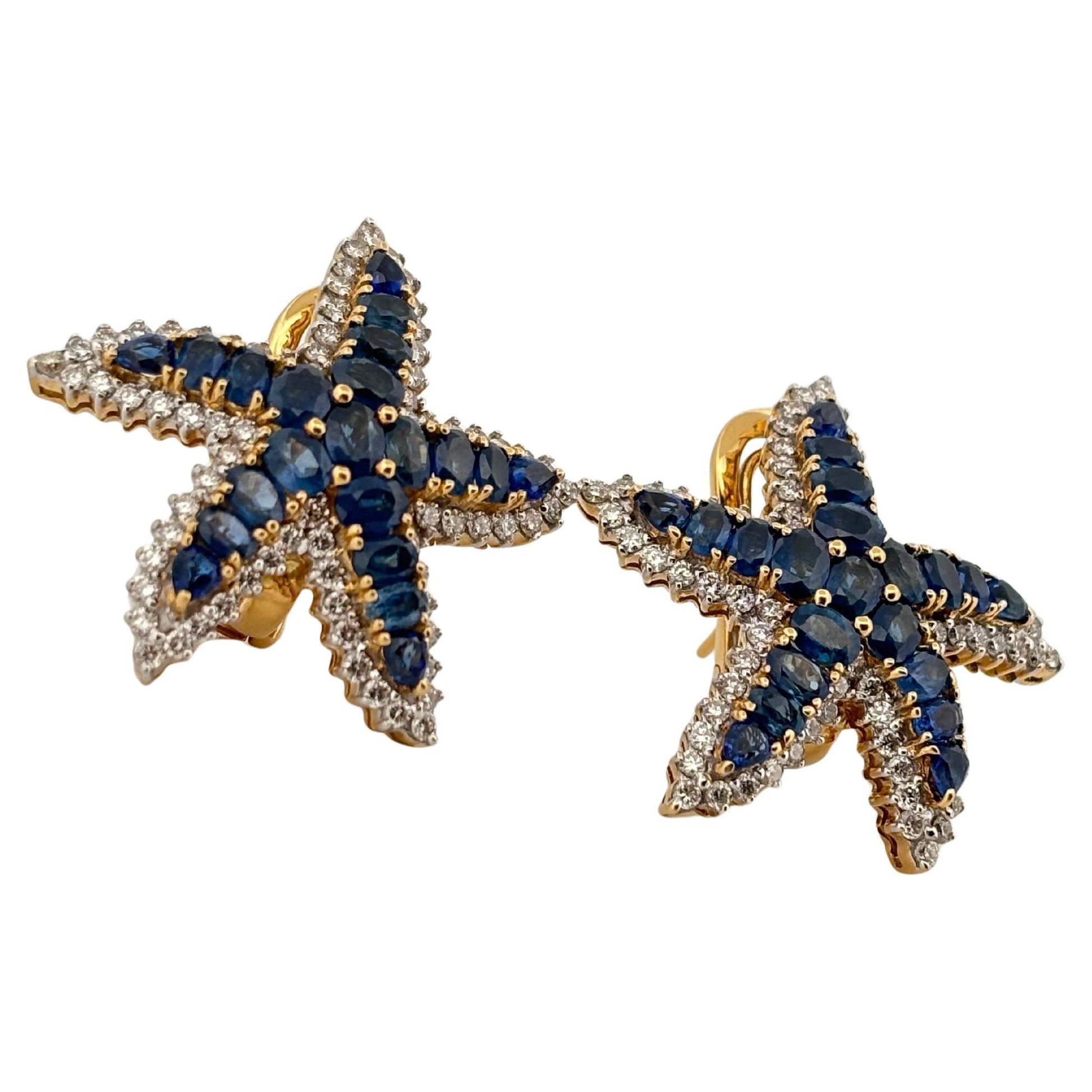Starfish 18K Yellow Gold 6.60 Carat Sapphire 1.50 Carat Diamond Clip On Earrings
