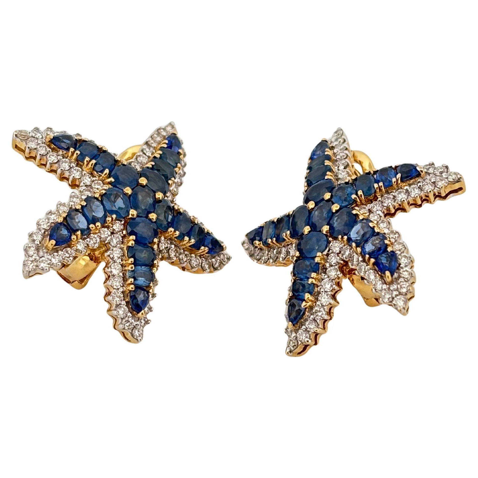 Starfish 18K Yellow Gold 6.60 Carat Sapphire 1.50 Carat Diamond Clip On Earrings