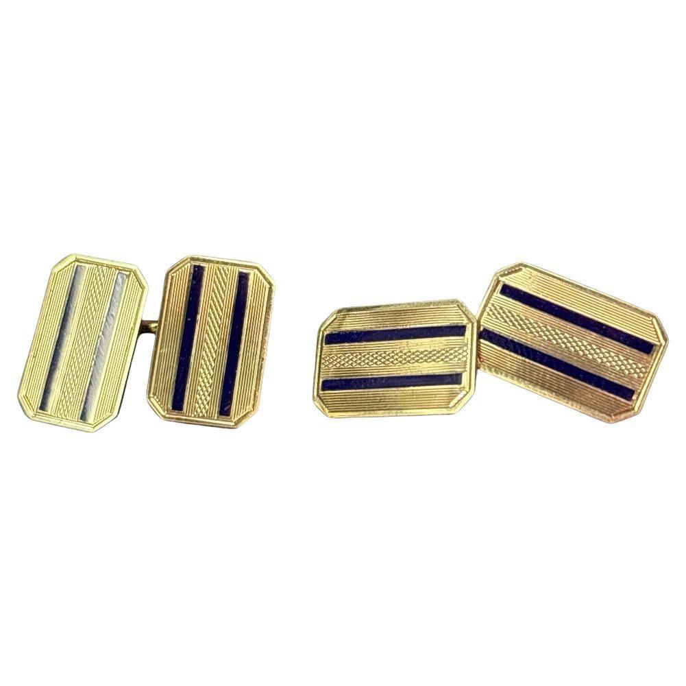 Striped Blue Enamel 14K Yellow Gold Rectangular Cufflinks