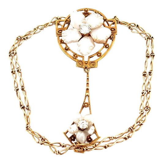 Twisted Wheat 14K Yellow Gold Pearl & 0.32 Carat Diamond Choker Necklace