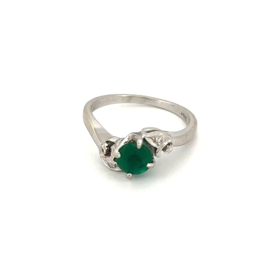 14k White Gold Round Emerald and Diamond Ring
